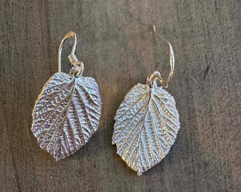 Sterling silver hazel leaf earrings - Handmade from a real leaf