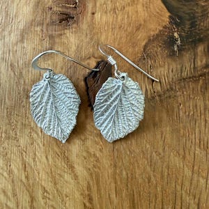 May include: A pair of silver-toned earrings featuring a detailed leaf design with visible veins and serrated edges. Each leaf pendant is attached to a curved silver-toned ear wire hook, creating a dangling style that showcases a textured finish.