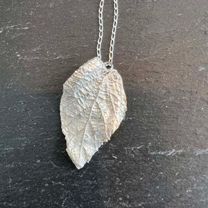 Puede incluir: Un collar de plata con un colgante en forma de hoja. El colgante está detallado con venas y textura, lo que le da un aspecto realista.