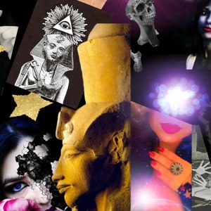 May include: A collage of images with a mystical and occult theme. The images include a golden statue of an Egyptian pharaoh, a skull, a woman with a third eye, and a woman with a glowing orb above her head.