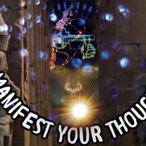 May include: A digital art image with a bright light shining from the centre. The image is surrounded by a dark background with a stone texture. The text "MANIFEST YOUR THOUGHTS" is written in white letters on a black background.