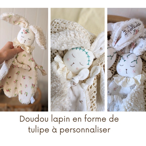 Personnalise ton doudou lapin Tulipom : choix des tissus, de la broderie sur le visage et d'un prénom à broder, cadeau de naissance bébé