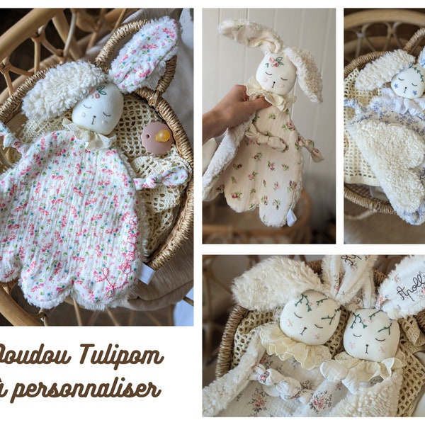 Personnalise ton doudou lapin Tulipom : choix des tissus, de la broderie sur le visage et d'un prénom à broder, cadeau de naissance bébé