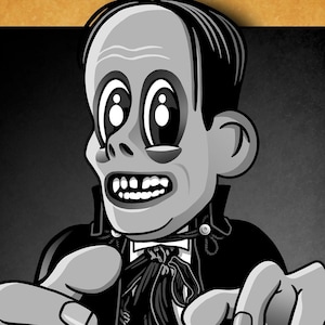 May include: Black and white illustration of Lon Chaney as the Phantom of the Opera. The Phantom is wearing a black cape and a white shirt with a black bow tie. He has a white mask covering his face and his hands are outstretched.