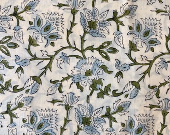Blue with green floral Indian Floral Hand Block Printed 100% Cotton Cloth, Fabric by the Yard, Fabric for Curtains Pillows,