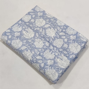 Grey Blue with black outline  Indian Floral Hand Block Printed 100% Cotton Cloth, Fabric by the Yard, Fabric for Curtains Pillows,