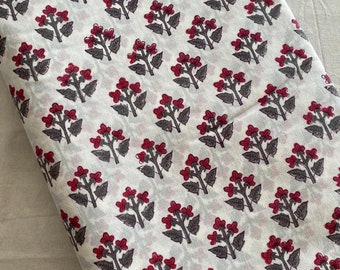 Pink Red Flower Indian Hand Block  Print 100% Pure Cotton Cloth, Fabric by the yard, Women's clothing Curtains Pillows Cushions Duvet Covers