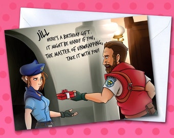 Resident Evil Birthday Card - Jill & Barry: Master of Unwrapping - Blank A6 Greetings Card