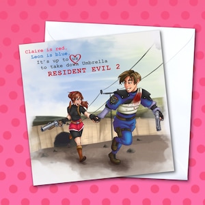 Resident Evil 2 Aniversario / Tarjeta de San Valentín - Leon & Claire <3 Depende de nosotros acabar con Umbrella - Tarjeta de felicitación en blanco 14x14