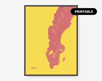 Sweden by nature, Printable map poster, Yellow.