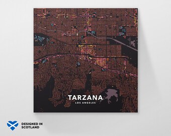 Tarzana, Los Angeles, USA, city map print. An unusual, colourful and creative map print by Globe Plotters.