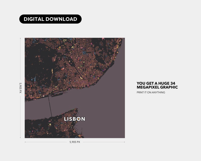 Città di Lisbona. Una mappa insolita, colorata e creativa stampata da Globe Plotters. Digital download