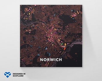 Norwich, England, city map. An unusual, colourful and creative art print by Globe Plotters.