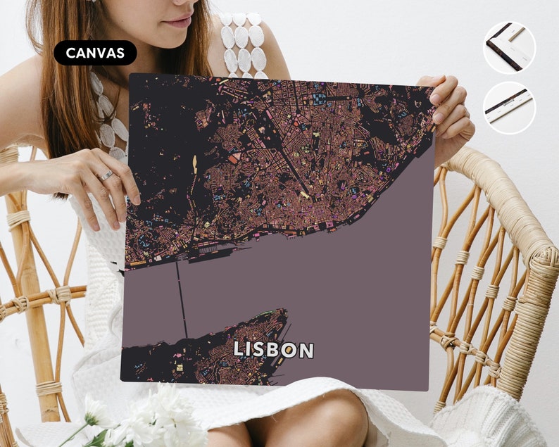 Città di Lisbona. Una mappa insolita, colorata e creativa stampata da Globe Plotters. Canvas