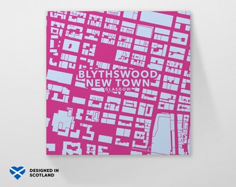 Blythswood New Town, Glasgow city neighbourhood. An unusual, colourful and creative map print by Globe Plotters.