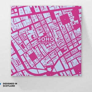 Soho, bairro da cidade de Londres. Uma impressão de mapa incomum, colorida e criativa da Globe Plotters.