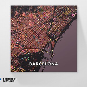 Barcelona, Spanien, Stadtplan drucken. Eine coole, einzigartige und farbenfrohe Wandkunst im skandinavischen Stil.