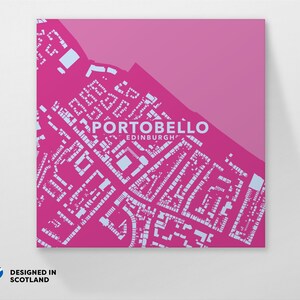 Portobello, Edinburgh Stadtviertel. Ein ungewöhnlicher, farbenfroher und kreativer Kartendruck von Globe Plotters.
