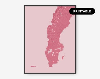 Sweden by nature, Printable map poster, Pink.