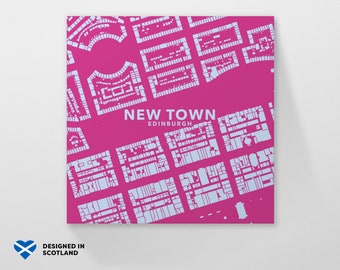 New Town, Edinburgh city neighbourhood. An unusual, colourful and creative map print by Globe Plotters.