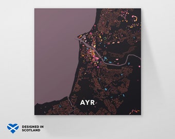 Plan de la ville d'Ayr, en Écosse. Une impression d'art inhabituelle, colorée et créative par Globe Plotters.