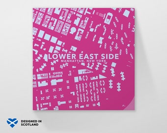 Lower East Side, Manhattan, New York city neighbourhood. An unusual, colourful and creative map print by Globe Plotters.