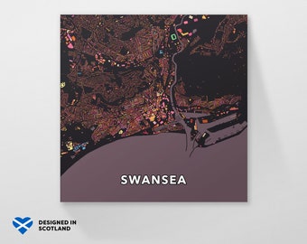 Swansea, Wales, city map. An unusual, colourful and creative art print by Globe Plotters.