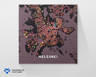 Helsinki, Finland, city map print. A cool, unique and colourful Scandinavian style wall art.