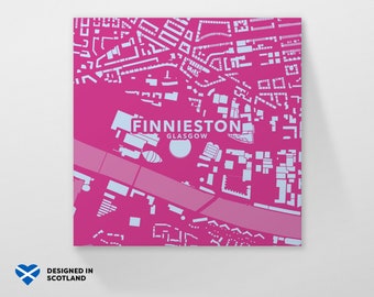 Finnieston, Glasgow city neighbourhood. An unusual, colourful and creative map print by Globe Plotters.