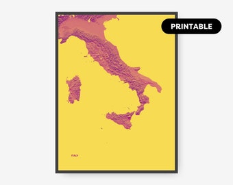 Italy by nature, Printable map poster, Yellow.