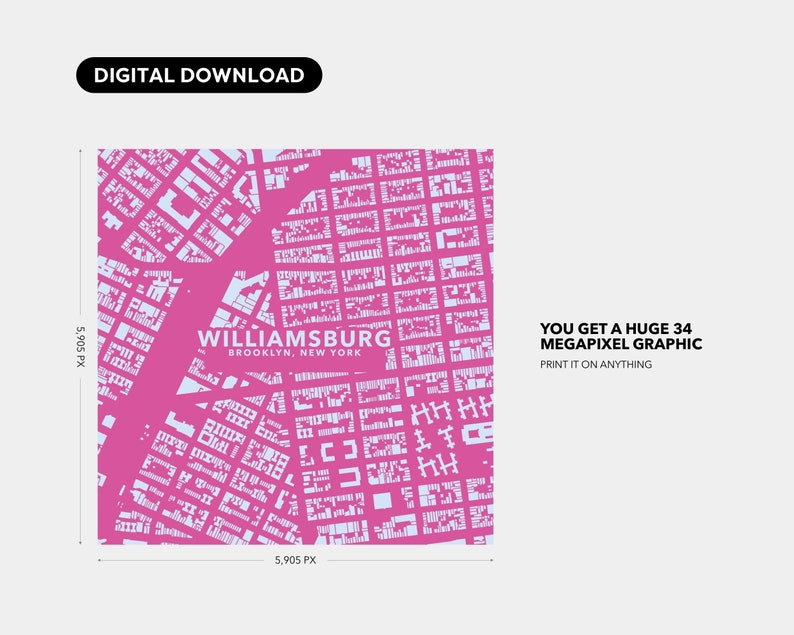 Williamsburg, Brooklyn, New York city neighbourhood. An unusual, colourful and creative map print by Globe Plotters. Digital download