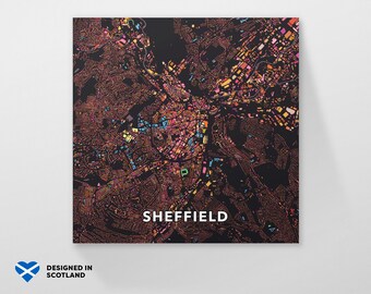 Sheffield, Inghilterra, mappa della città. Una stampa artistica insolita, colorata e creativa di Globe Plotters.