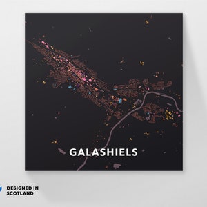Mapa de la ciudad de Galashiels, Escocia. Una impresión artística inusual, colorida y creativa de Globe Plotters.