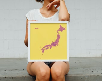 Japan by nature, Printable map poster, Yellow.