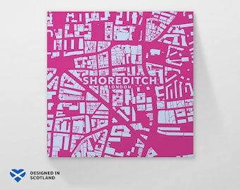 Shoreditch, London city neighbourhood. An unusual, colourful and creative map print by Globe Plotters.