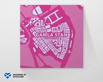 Gamla Stan, Old Town, Stockholm city neighbourhood. An unusual, colourful and creative map print by Globe Plotters.