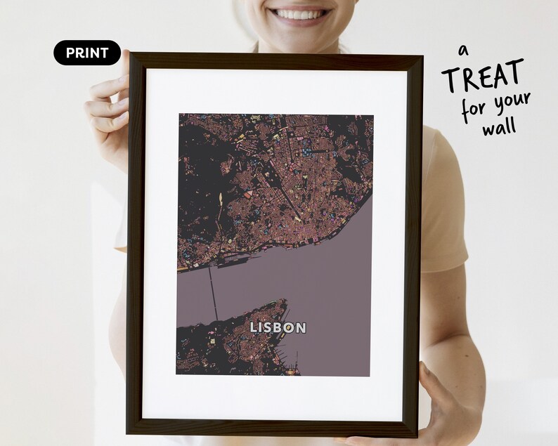 Città di Lisbona. Una mappa insolita, colorata e creativa stampata da Globe Plotters. Art print