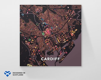 Cardiff, Wales, city map. An unusual, colourful and creative art print by Globe Plotters.