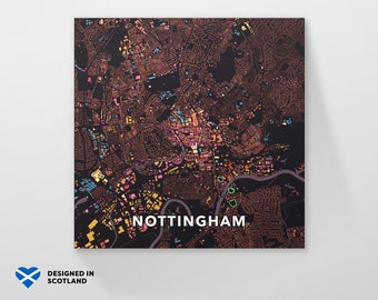 Mappa della città di Nottingham, Inghilterra. Una stampa artistica insolita, colorata e creativa di Globe Plotters.
