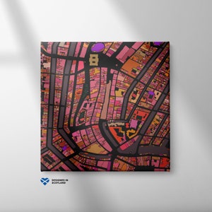Impression d'un plan de la ville d'Amsterdam, Pays-Bas. Une carte imprimée originale, colorée et créative par Globe Plotters.