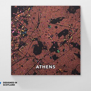 Athen, Griechenland, Stadtplan drucken. Ein ungewöhnlicher, farbenfroher und kreativer Kartendruck von Globe Plotters.