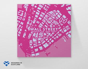 Wall Street, Manhattan, New York city neighbourhood. An unusual, colourful and creative map print by Globe Plotters.