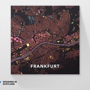 Frankfurt, Alemania, mapa de la ciudad impreso. Un arte de pared de estilo escandinavo fresco, único y colorido.