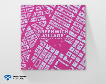 Greenwich Village, Manhattan, New York city neighbourhood. An unusual, colourful and creative map print by Globe Plotters.