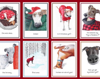 Peut inclure: Une collection de huit cartes de vœux illustrées avec des lévriers dans diverses poses. Les cartes ont une bordure rouge et comprennent du texte tel que "One more sleep...", "Zonked", et "Is it Christmas yet?"