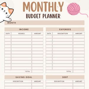 Simple Monthly Budget Money Planner PDF Printable | Cat design | Cute Kitten | Cat Lover | Pretty | Budget Worksheet | Corporate | Beginner
