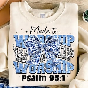 Made To Worship Png, Christian Png, Coquette Bible Verse Png, Blue Floral Bow Cross Bible Bow Png, Grand Millennial Png, Chinoiserie Png