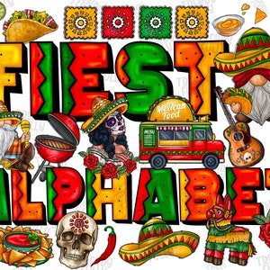 Fiesta Doodle Alphabet Bundle, Mexico Png, Sublimation Design, Cinco De Mayo Png,Mexican Alphabet, Mexico Font,Let&#39;s Fiesta,Digital Download