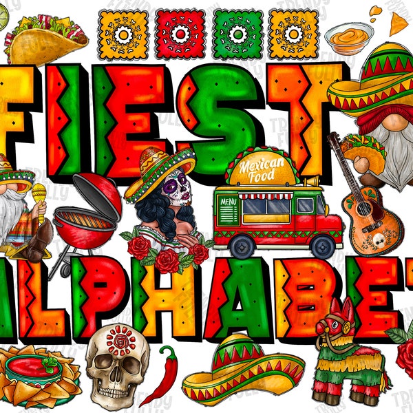 Fiesta Doodle Alphabet Bundle, Mexico Png, Sublimation Design, Cinco De Mayo Png,Mexican Alphabet, Mexico Font,Let's Fiesta,Digital Download