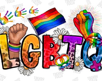 May include: LGBTQ+ pride graphic with a rainbow flag, a raised fist, a rainbow-colored mouth, and the letters LGBTQ+ in a rainbow color scheme with animal print patterns.